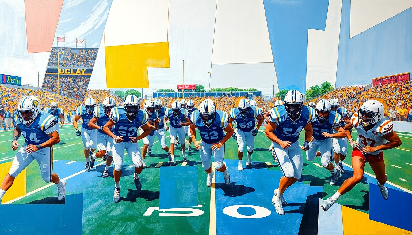 A cubist, geometric painting depicting UCLA football players in action, with their forms broken down into sharp, overlapping planes of color and shape.