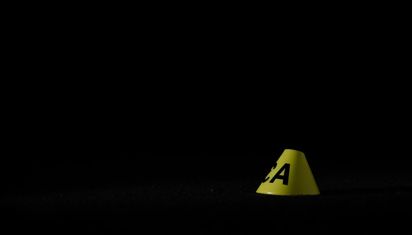 An extreme close-up of a police evidence marker on the ground, reflecting a harsh, direct camera flash, conceptually illustrating the investigative response to the reported threat at the high school.