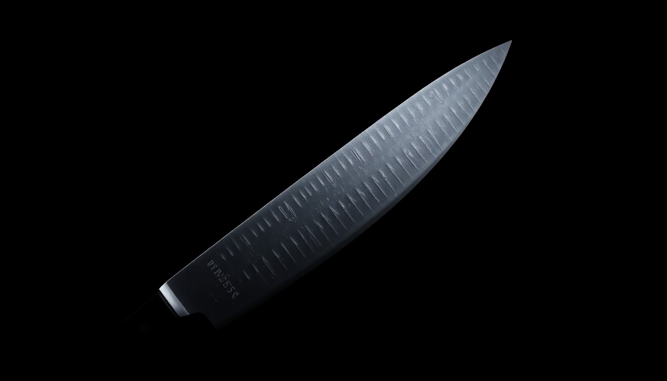 An extreme close-up photograph of a butcher's knife against a pitch-black background, the sole focus of the image creating a stark, gritty, investigative aesthetic.