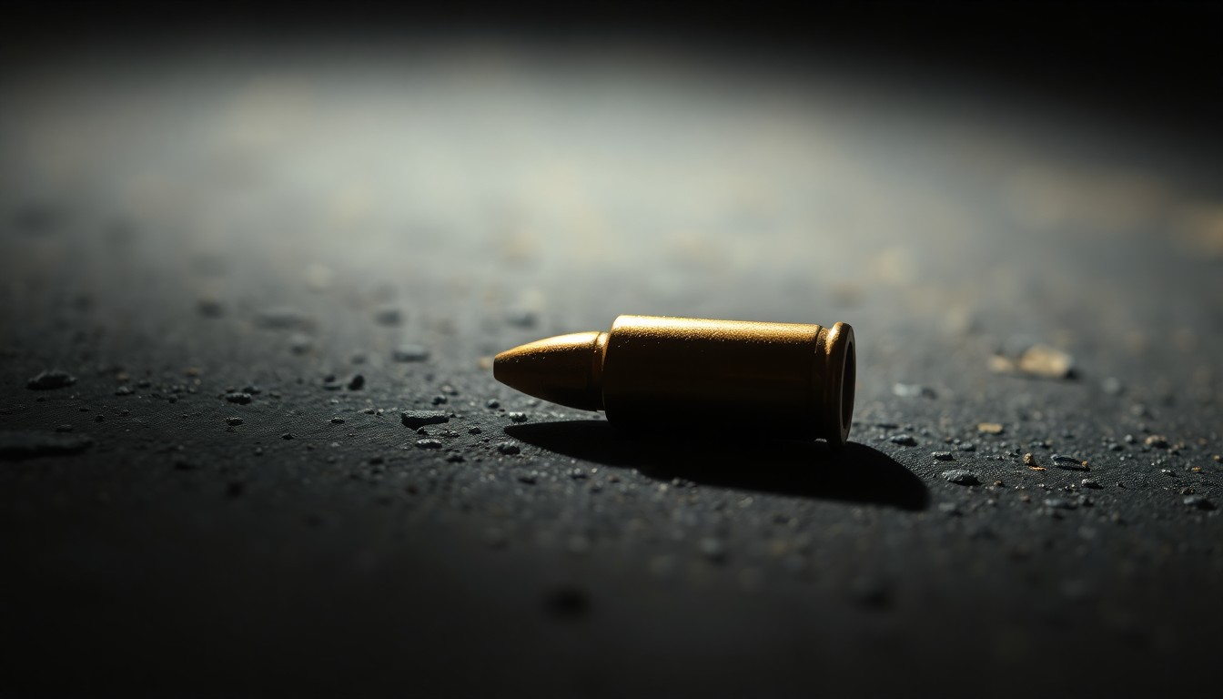 An extreme close-up photograph of a single spent bullet casing on a dark, textured surface, lit by a harsh, direct camera flash, conceptually representing the aftermath of a shooting incident.