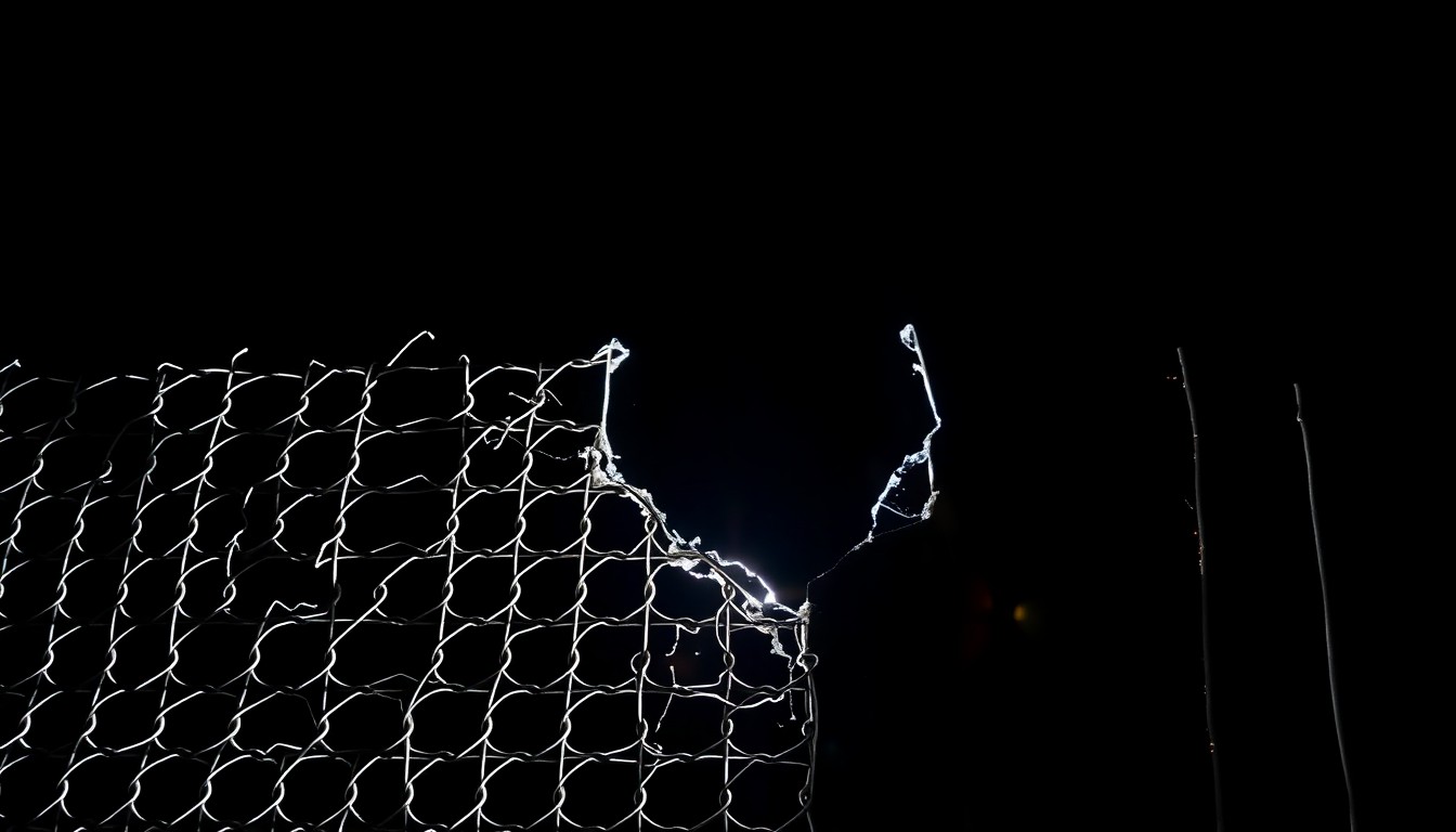 An extreme close-up photograph of a broken piece of the border wall's metal mesh, capturing the stark, gritty details and conceptually representing the tragic consequences of attempting to illegally cross the border.