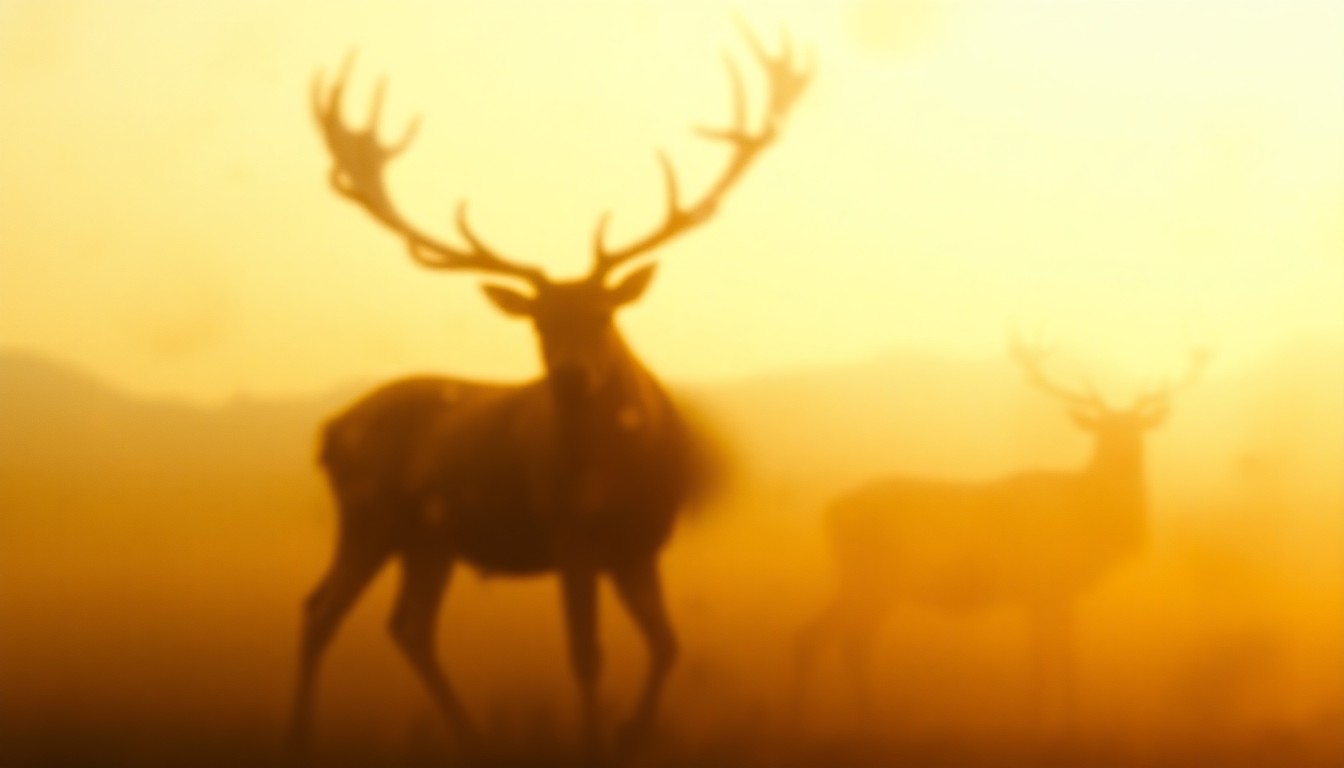 An abstracted, out-of-focus photograph in warm, earthy tones depicting the silhouette of a massive elk, conveying the raw power and unpredictability of nature.