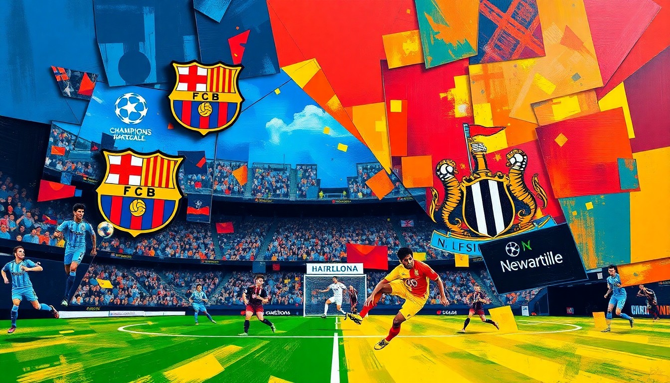 A fractured, cubist-style painting depicting the chaotic action of a high-scoring Champions League quarterfinal match, with players and the ball breaking apart into geometric shapes and planes of vibrant colors.