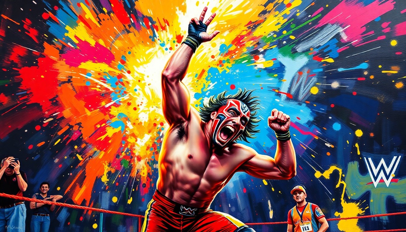 An abstract, expressionist painting in vibrant neon colors, capturing the raw energy and theatrical spectacle of a wrestler's victory celebration, with pyrotechnics and dynamic movement filling the frame.