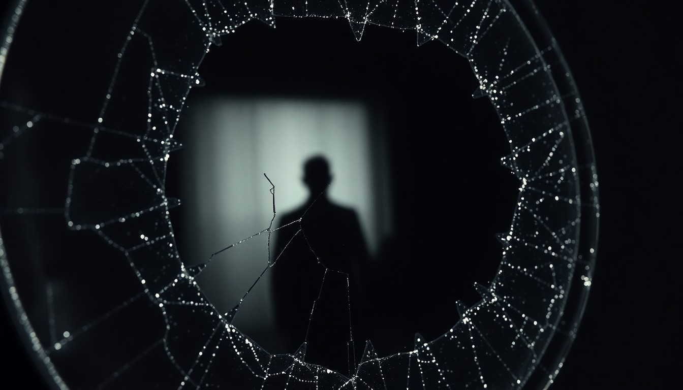 An abstract, high-contrast close-up of a shattered, glittering mirror surface, capturing the sense of hidden connections and unresolved mysteries surrounding the Epstein case.