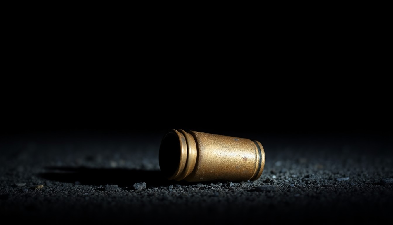 An extreme close-up photograph of a single spent shell casing on the ground, the metallic texture and dramatic shadows creating a stark, gritty, investigative aesthetic.