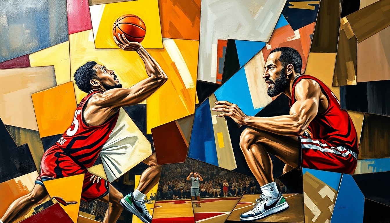 A fragmented, geometric painting depicting a basketball game or match between two players, with sharp, overlapping planes of color and form representing the different mindsets of the athletes.