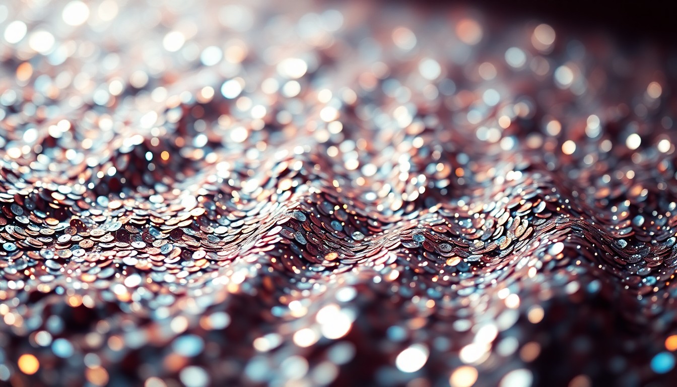 An extreme close-up of shimmering sequins in dramatic, high-contrast studio lighting, conceptually representing the glitz and glamour of Bollywood celebrity culture.