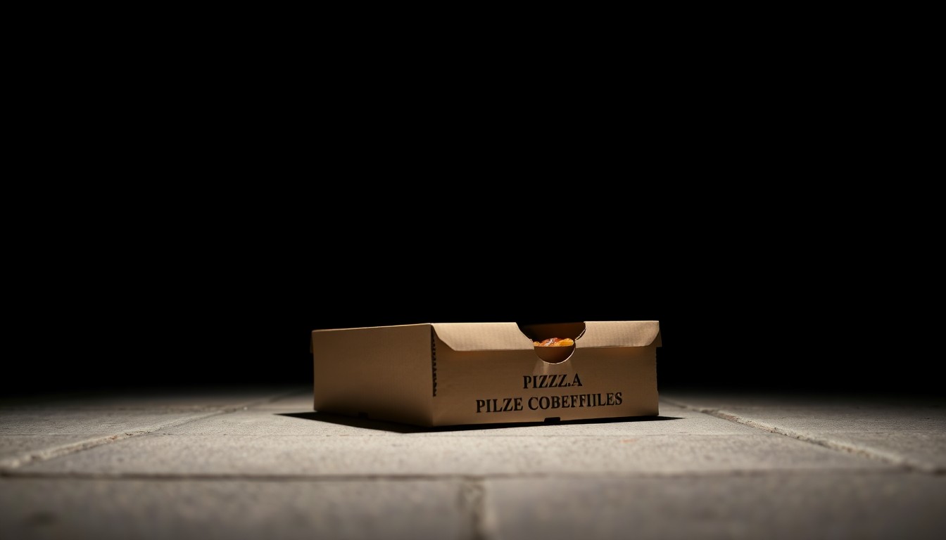 An extreme close-up photograph of a discarded pizza box on a sidewalk, lit by a harsh, direct camera flash against a pitch-black background, conceptually representing the public defecation and unsanitary conditions left behind by the homeless couple.