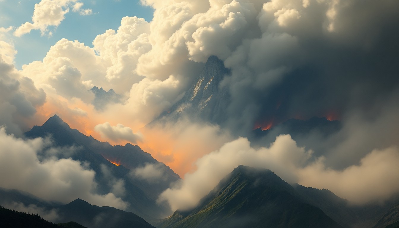 A sweeping, atmospheric landscape painting in muted tones of gray, blue, and orange, depicting a towering mountain range partially obscured by thick, billowing smoke, conceptually representing the scale and power of a wildfire in a remote forested region.