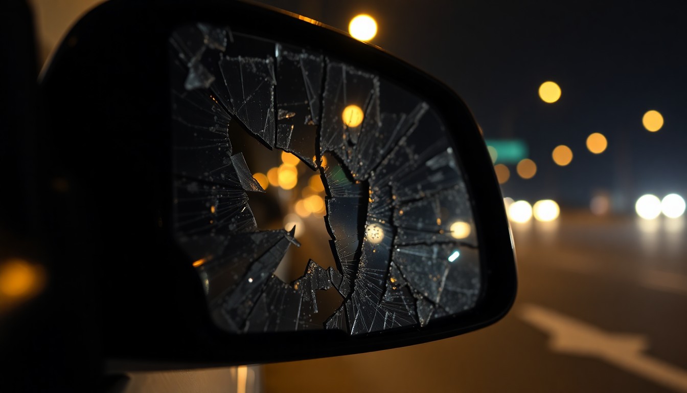An extreme close-up photograph of a shattered car side mirror reflecting the faint glow of street lamps, conceptually representing the aftermath of a tragic hit-and-run collision.