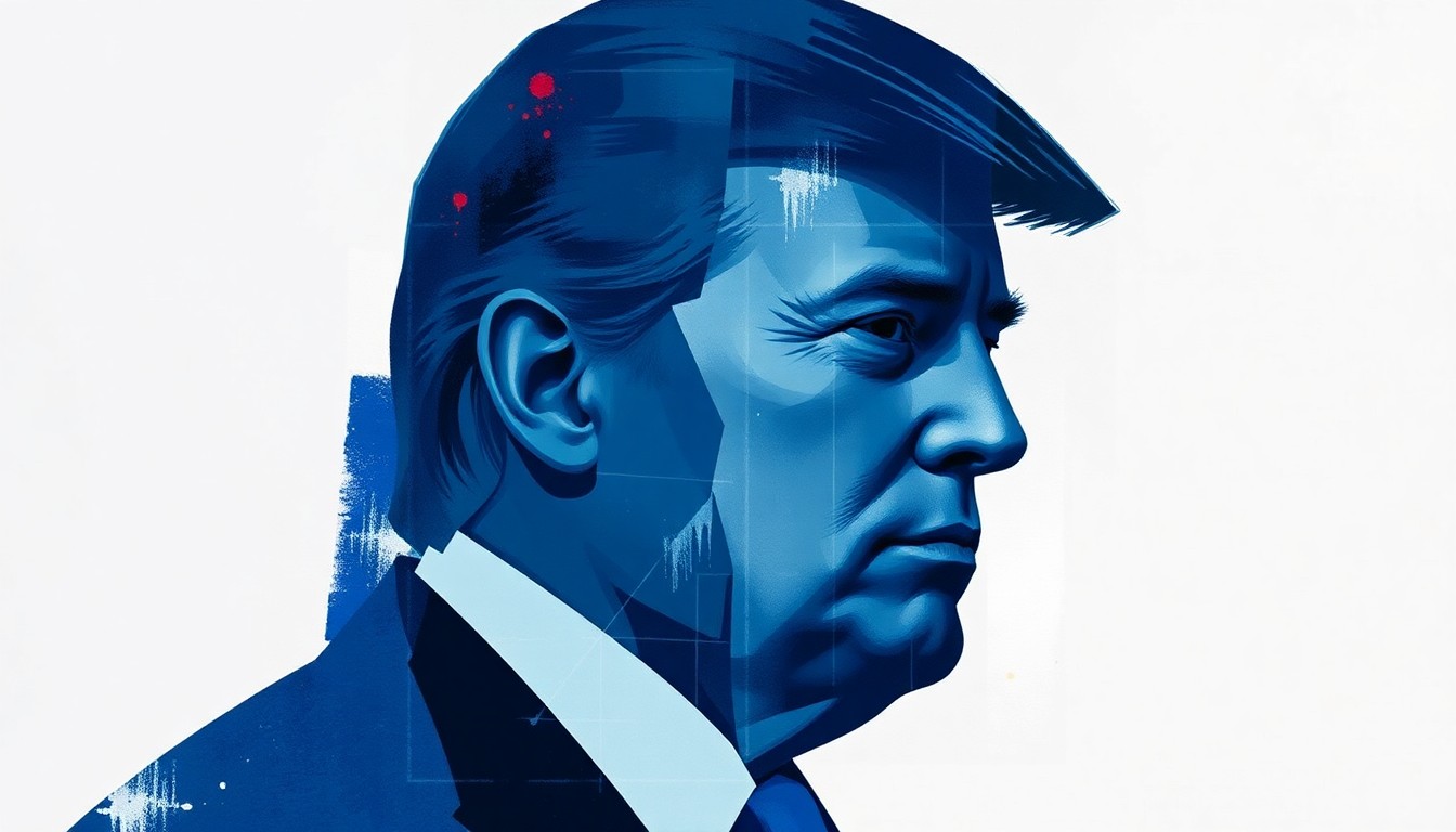 A dynamic, fragmented painting in shades of blue, gray, red, and yellow, depicting the silhouette of a politician in a state of motion, conveying a sense of political upheaval and division.