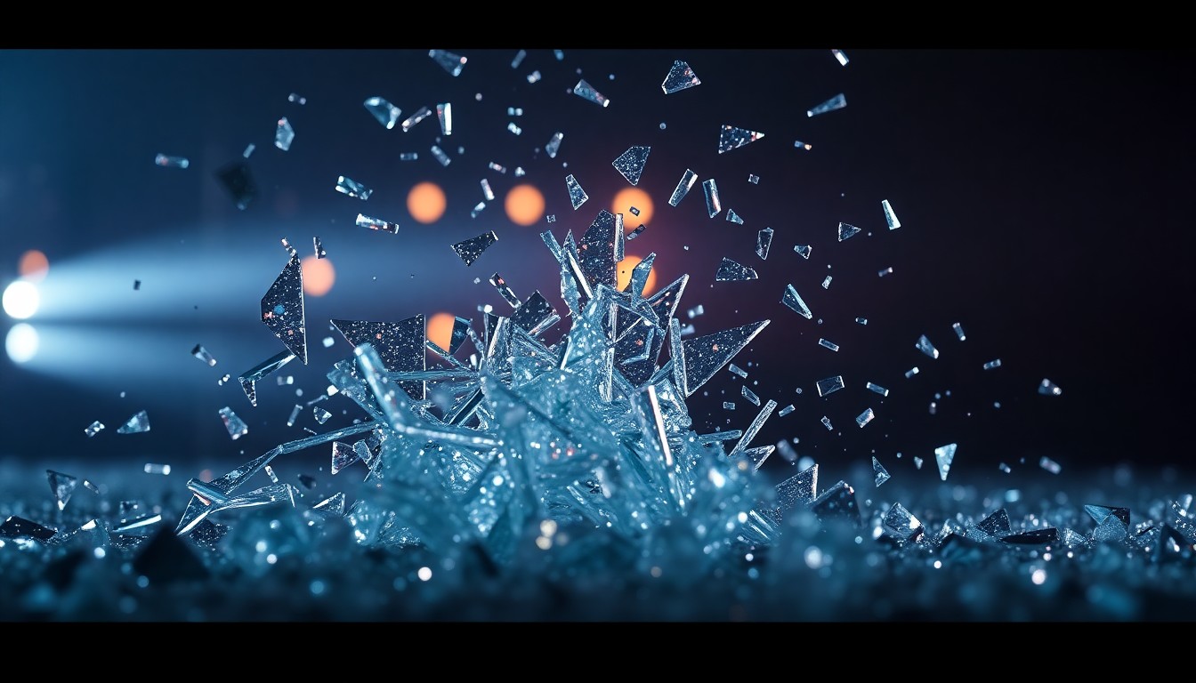 An abstract close-up photograph of shattered glass and glittering shards, captured in high-contrast studio lighting to convey the emotional turmoil and personal struggles behind Turnstile's Coachella comeback.