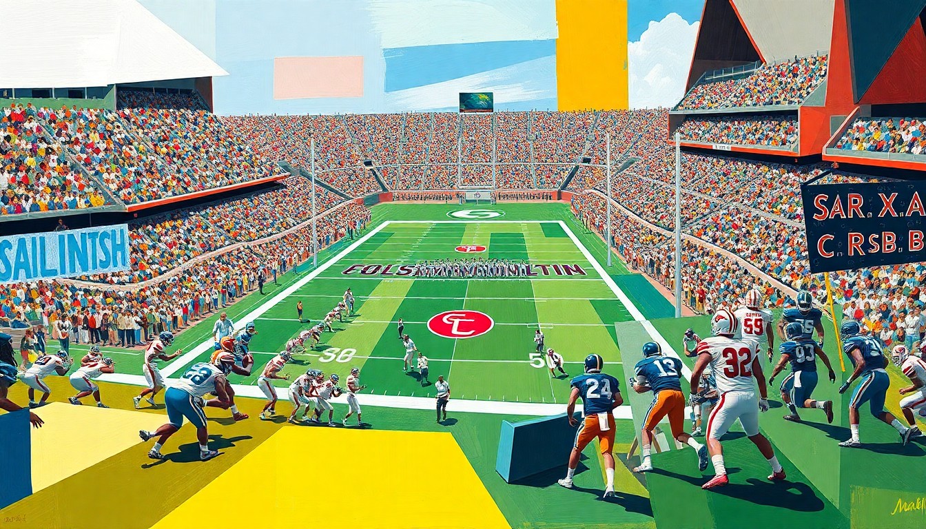 A fragmented, geometric painting depicting a college football game, with overlapping planes of players, field, and stadium rendered in the vibrant colors of the competing teams.