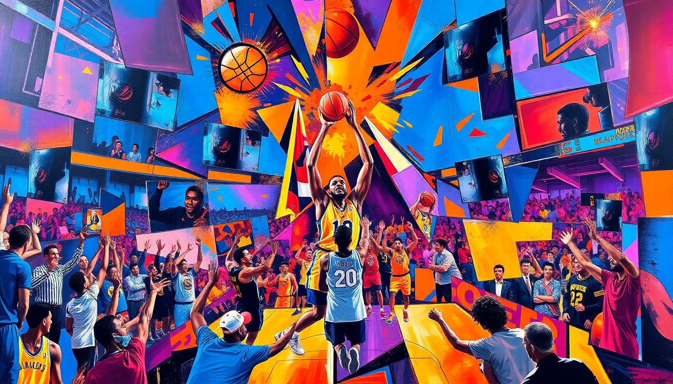 A fractured, multi-perspective painting depicting the energy and emotion of a basketball championship celebration, with sharp geometric shapes in vibrant colors representing the players, coaches, and fans.
