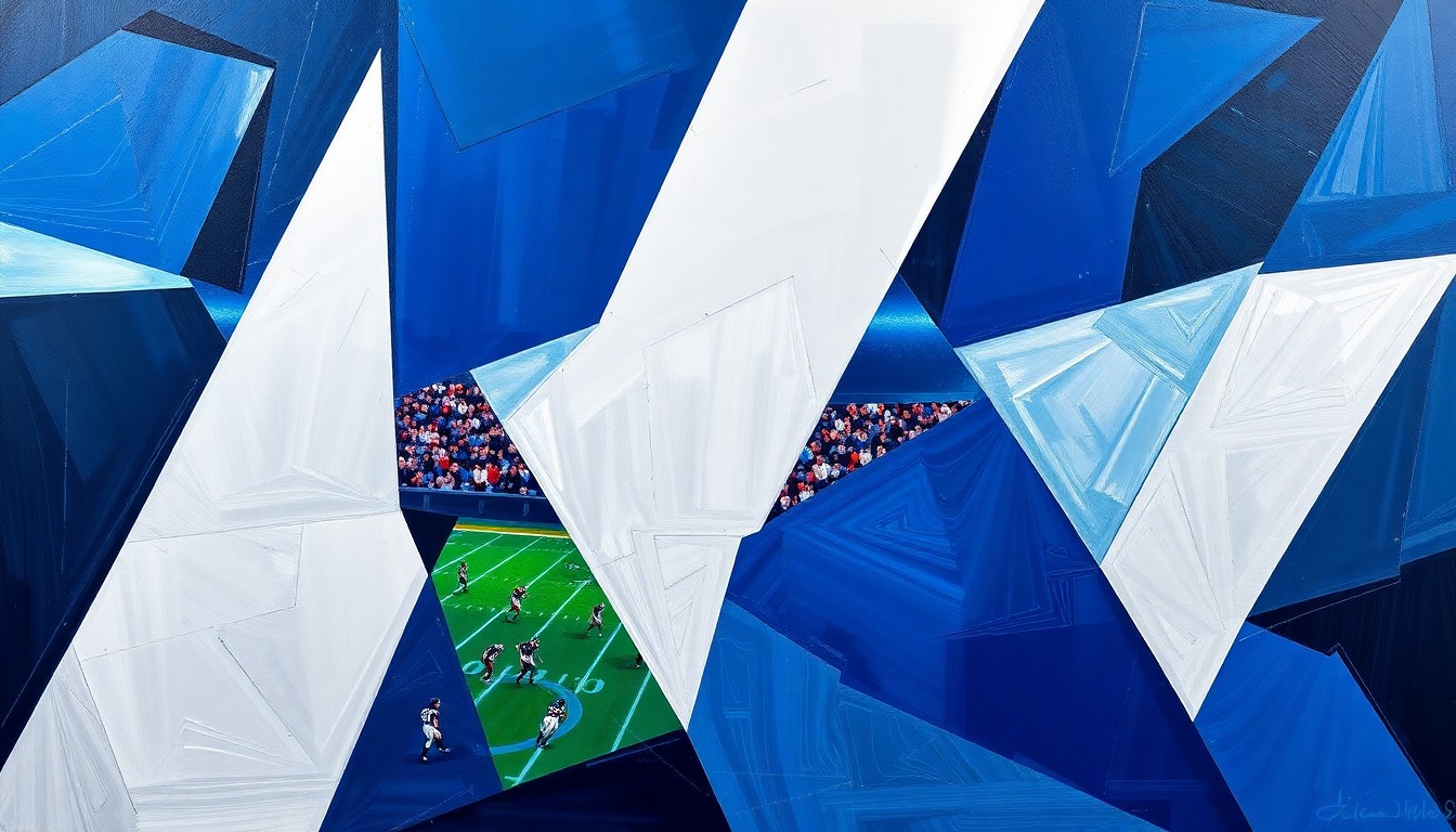 A cubist, geometric painting depicting fragmented football players, draft prospects, and team personnel in overlapping planes of navy blue, silver, and white, conveying the analytical and strategic nature of the NFL Draft process.