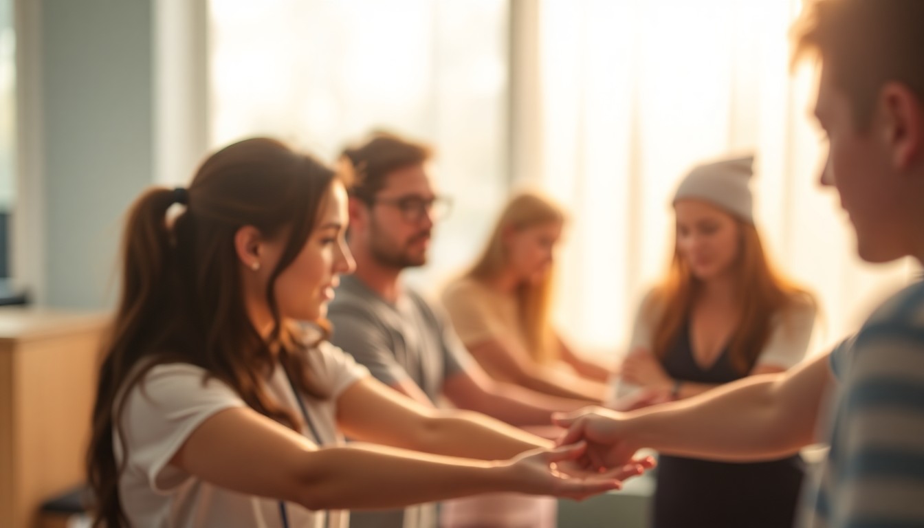 An abstract, out-of-focus photograph in warm, pastel tones depicting a group of physical therapy students engaged in hands-on learning, with the background blurred into soft pools of light, conceptually representing the accelerated educational pathway created by the partnership.