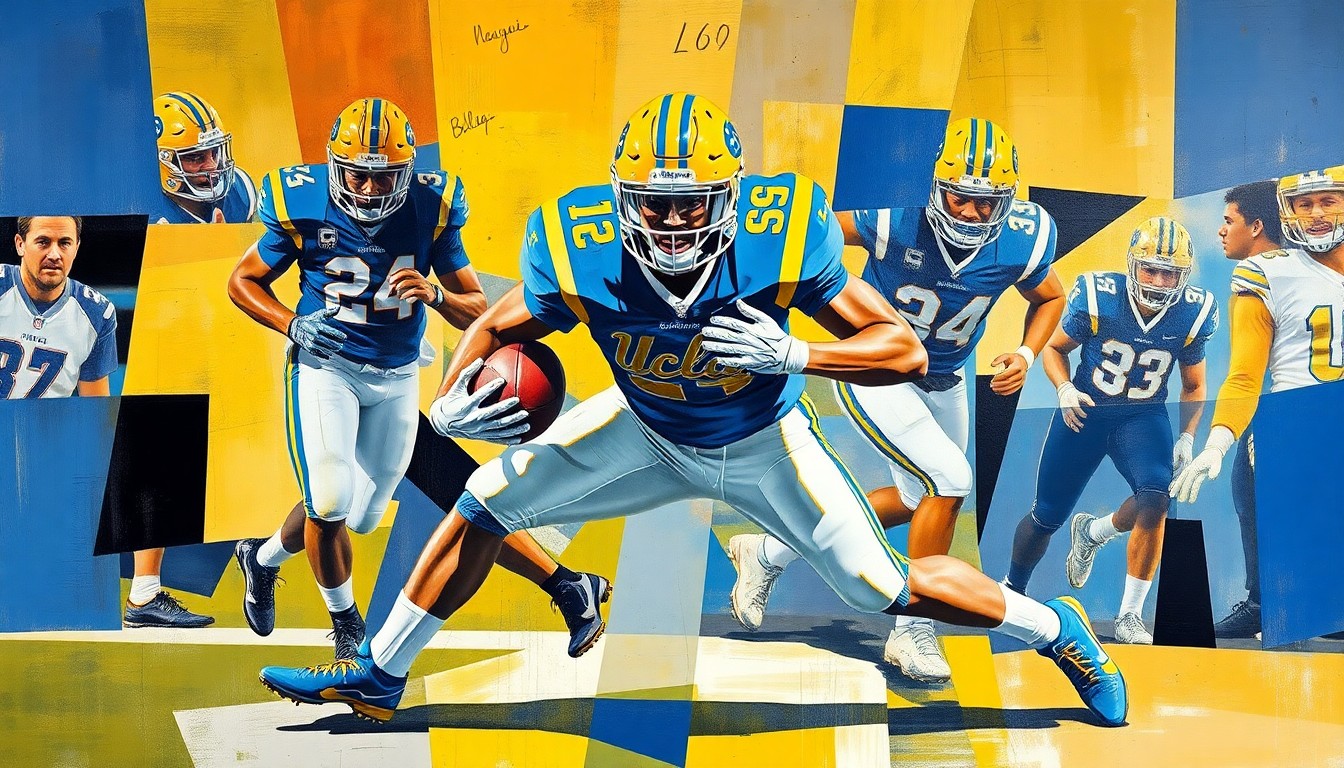 A fragmented, cubist-style painting depicting a UCLA football player making a tackle, with the player's form broken down into sharp, overlapping geometric shapes in the team's signature blue and gold colors, conveying a sense of energy and dynamism.