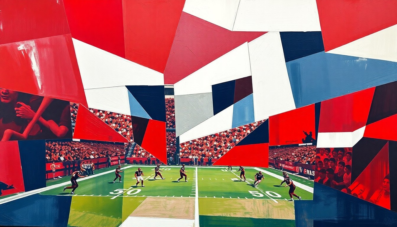 A cubist, geometric painting in shades of red, white, and blue, depicting fragmented and overlapping shapes that represent the action and energy of a football game.