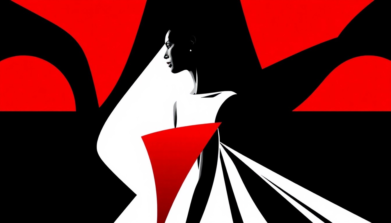 A bold, abstract composition of stark, jagged geometric shapes in high-contrast red and white, conceptually representing the avant-garde, sculptural aesthetic of the Nervina Corpus 0.0 bridal collection from YH Studio.