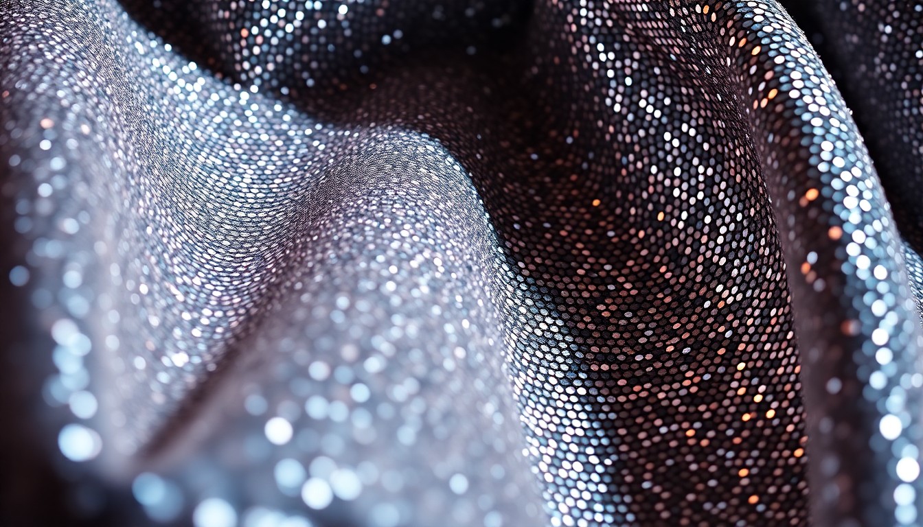 An extreme close-up photograph of shimmering, textured sequins in a dramatic, high-contrast lighting setup, conceptually representing the glamour and spectacle of a major music festival performance.
