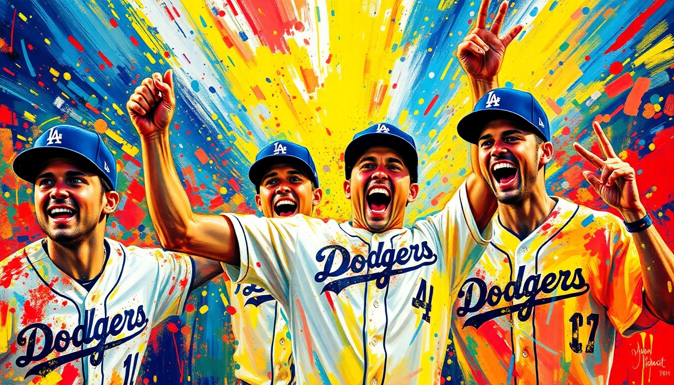 An abstract, expressionist painting in vibrant neon colors, capturing the raw energy and excitement of a baseball game, with players' forms and movements blending together in a dynamic, almost chaotic composition.