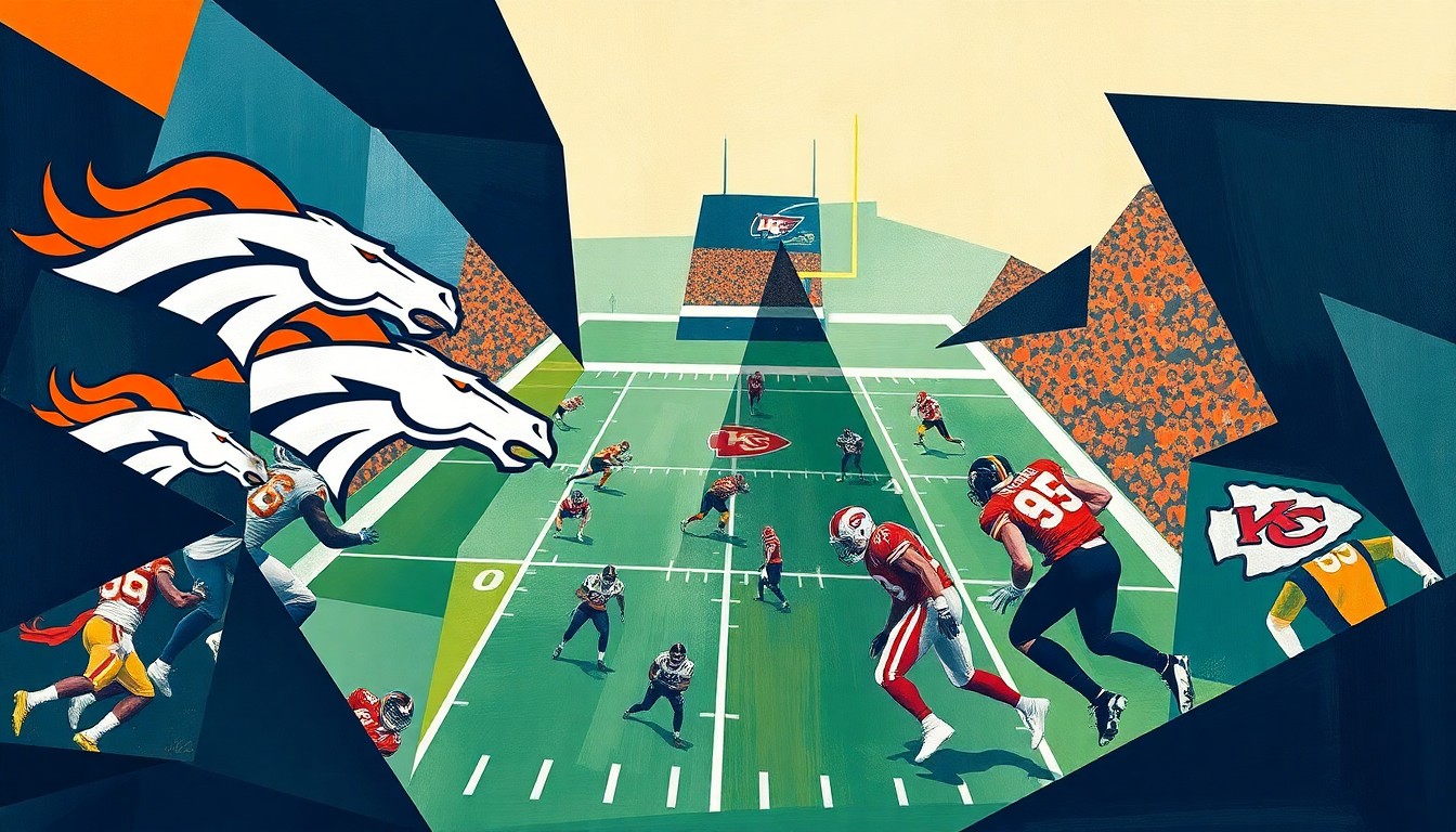 An abstract, cubist-style painting depicting a football game, with the players and field reduced to angular, geometric shapes in shades of blue, green, and orange.
