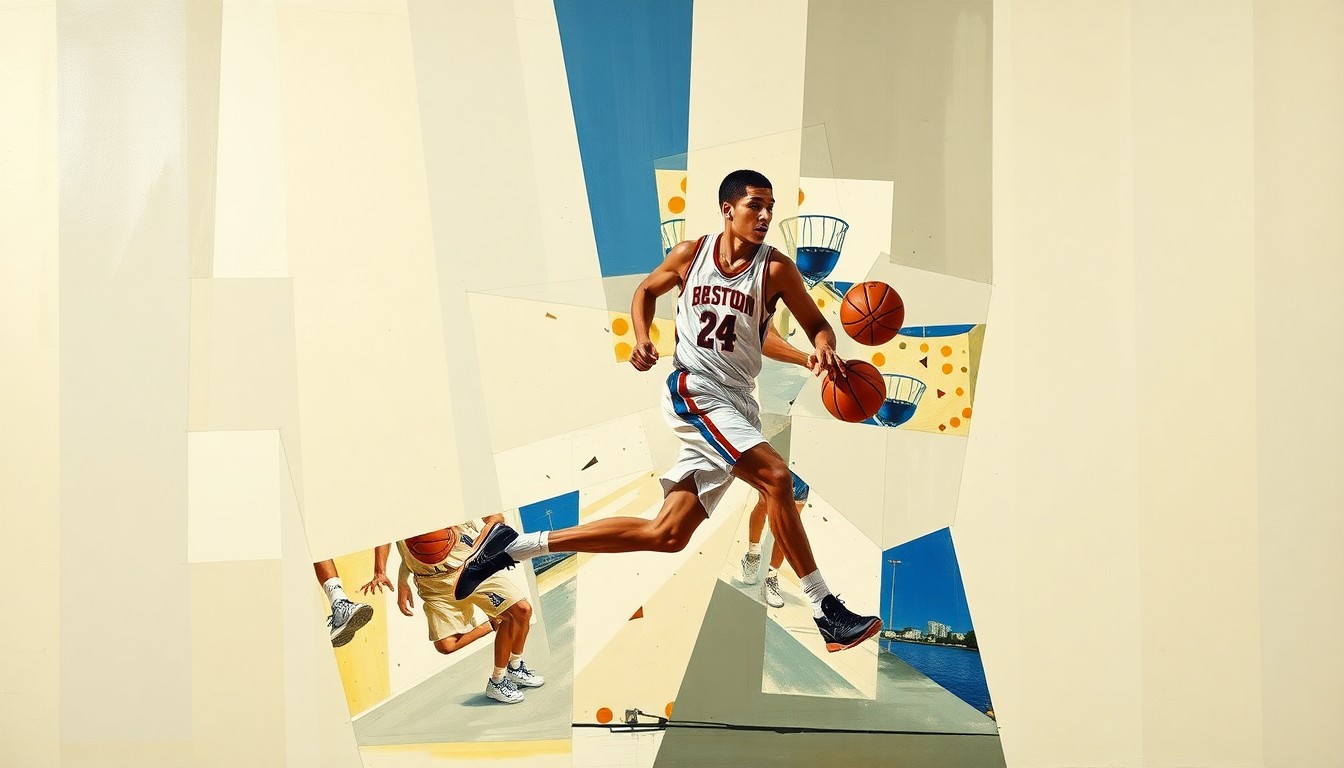 A fractured, geometric painting depicting a college basketball player in motion, with their jersey number and position hinted at but not fully legible, conveying the sense of personal growth and transition that often defines an athlete's journey.
