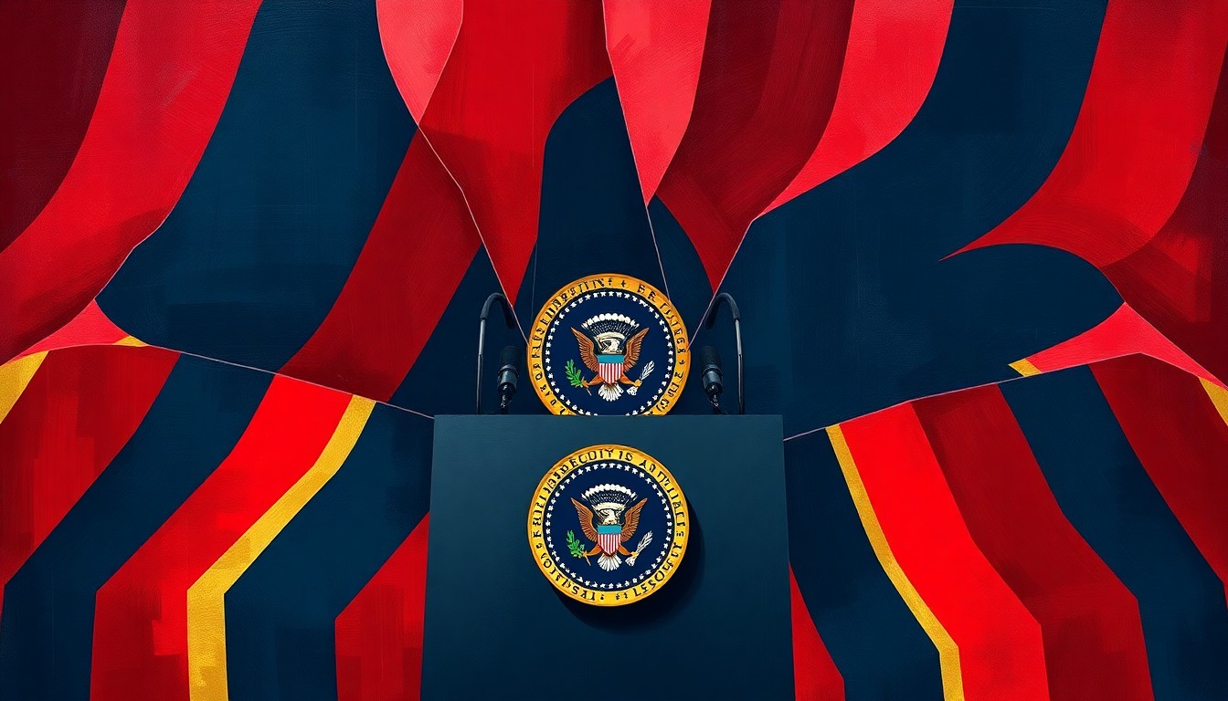 A fractured, abstract painting featuring a podium with the presidential seal, repeated in overlapping geometric shapes in deep red, navy blue, and gold, conveying a sense of political and economic uncertainty.