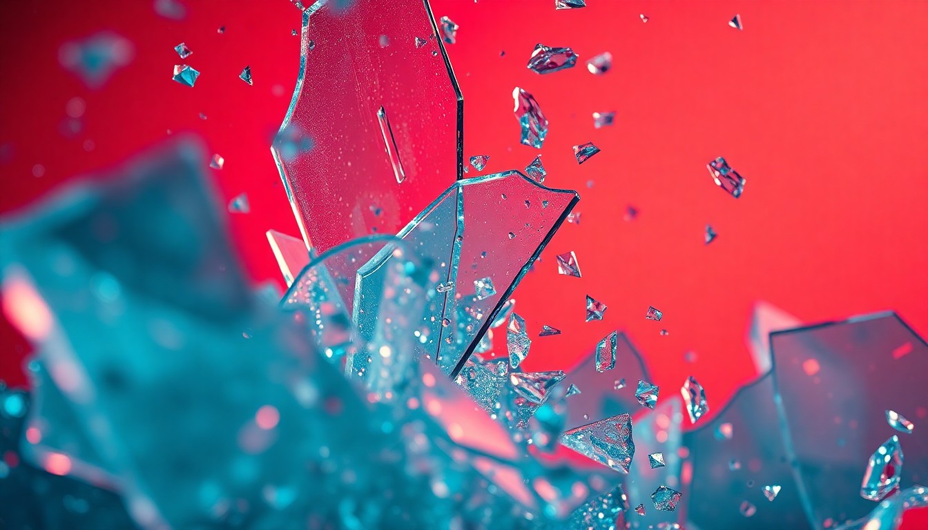 An extreme close-up of shattered glass and glittering shards, captured in dramatic high-contrast studio lighting to create a conceptual illustration of the fractured and indulgent nature of the latest season of the HBO series.