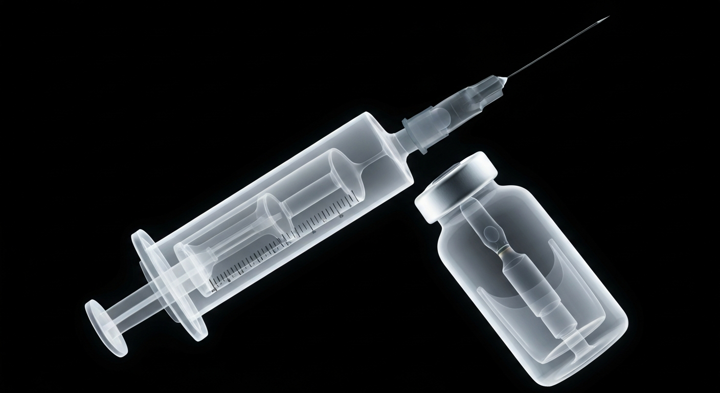 A highly detailed, translucent X-ray photograph revealing the internal structure of a syringe and vaccine vial, conceptually representing the advanced medical technology behind modern immunizations.