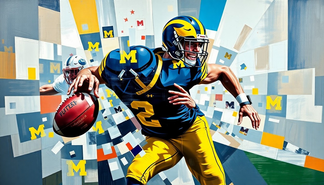 A cubist-style painting depicting a Michigan football player in motion, their body broken down into sharp, overlapping geometric shapes and planes, conveying the conceptual idea of a strategic position change disrupting the traditional roles on the team.
