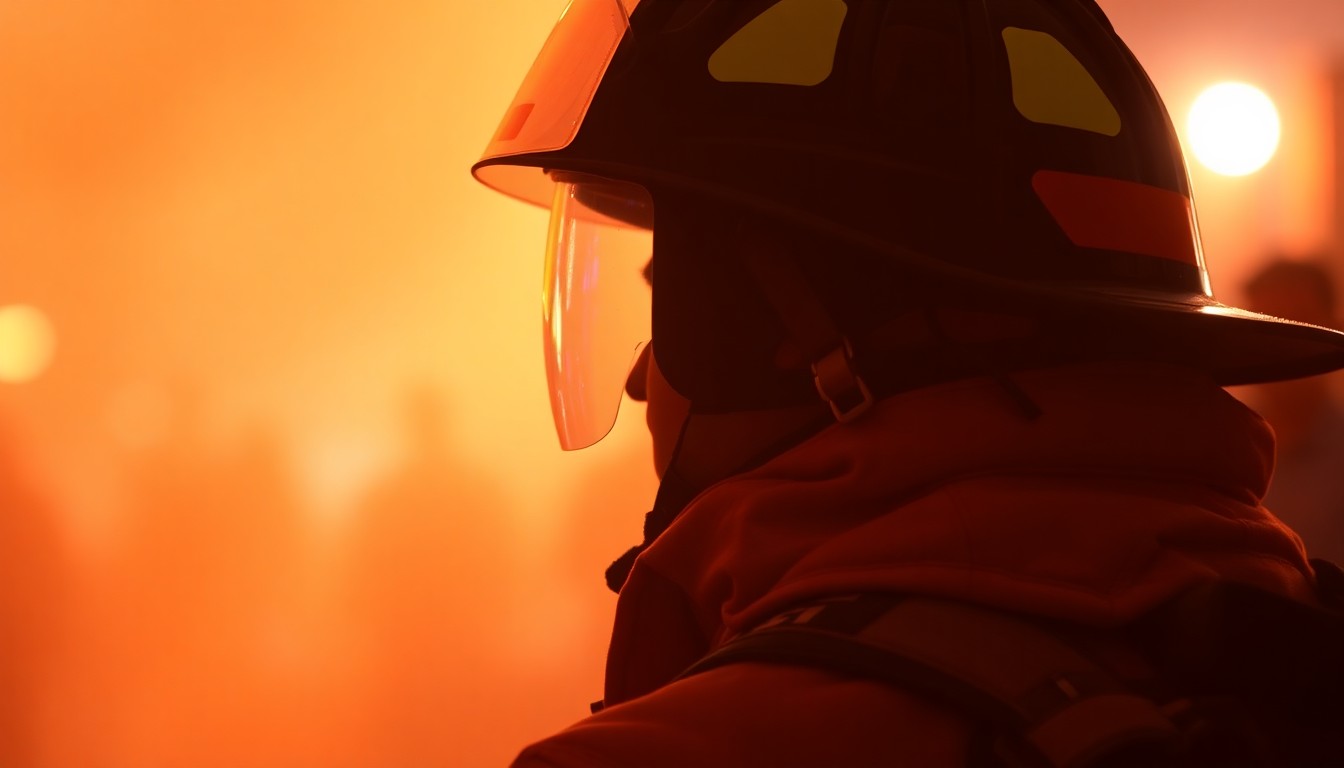An abstract, out-of-focus photograph showing the blurred silhouette of a firefighter's helmet and gear in a warm, hazy light, conveying the emotional atmosphere of a community coming together to support one of its own.
