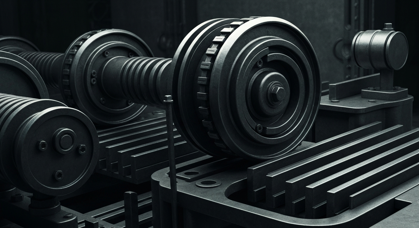 An extreme close-up of complex, interlocking metal gears and mechanisms, representing the inner workings of the global financial system in a conceptual, non-literal way.