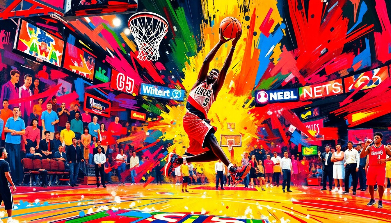 An abstract, energetic painting in neon colors and expressive brushstrokes, capturing the dynamic scoring and momentum of a basketball game, with no recognizable figures or logos.