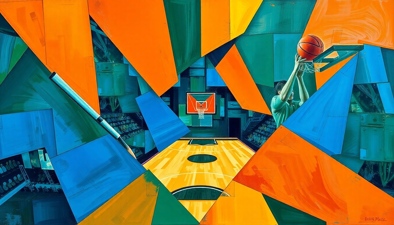 A fractured, cubist-style painting depicting the action and energy of a basketball game, with sharp geometric shapes and planes in vibrant colors representing the high stakes and uncertainty surrounding the Bucks' future.