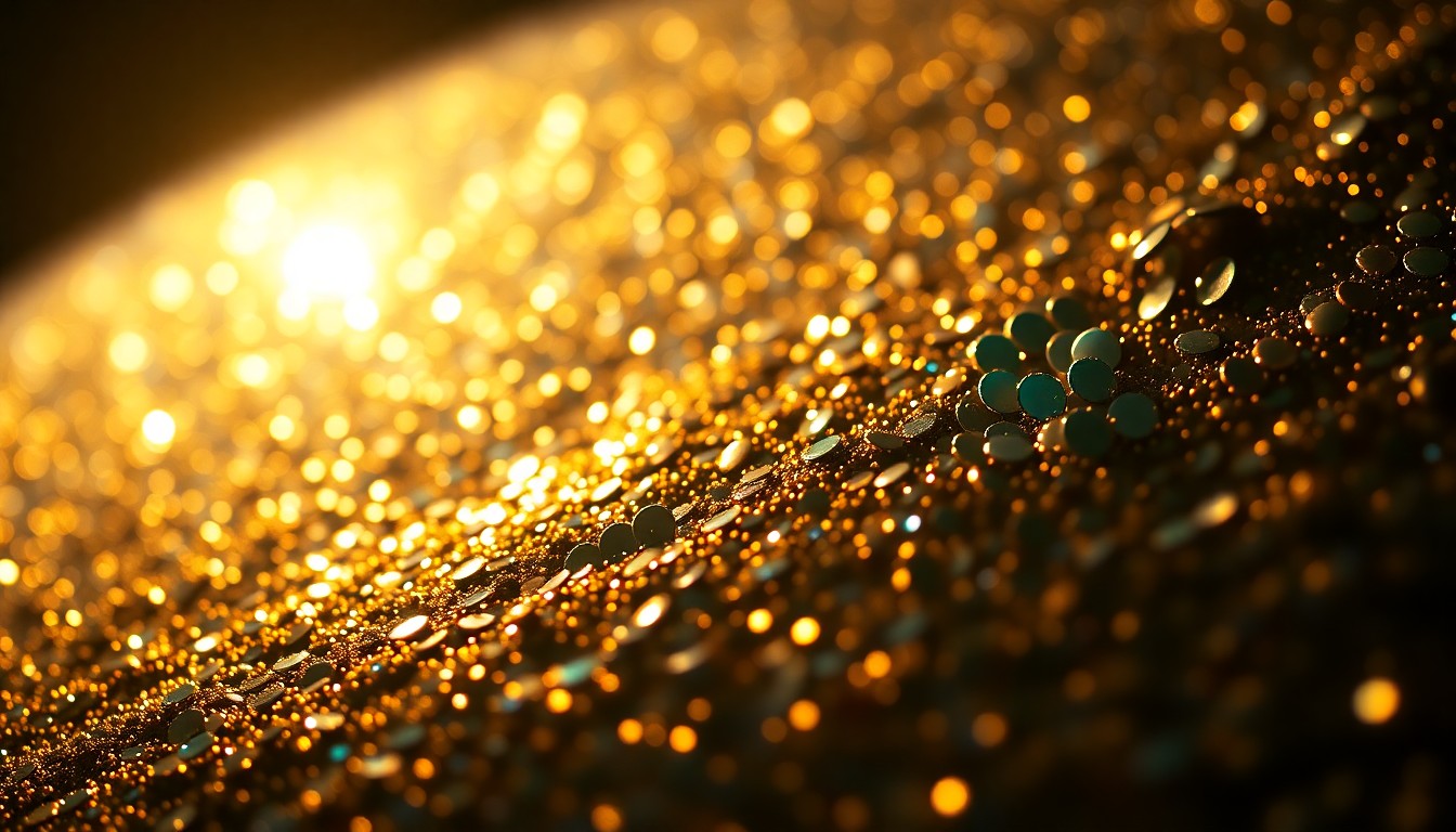 An extreme close-up photograph of shimmering sequins under dramatic studio lighting, capturing the luxurious, high-fashion aesthetic of the music industry.