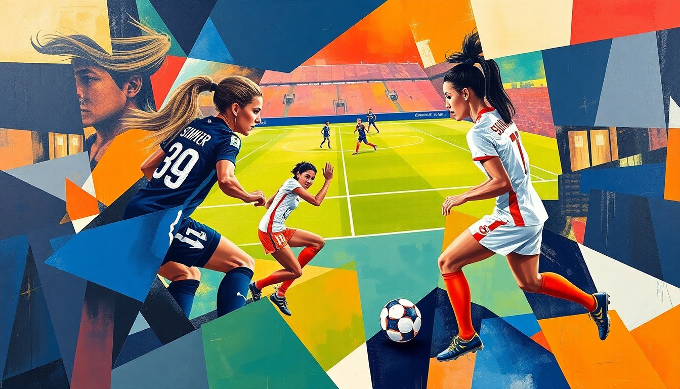 A cubist, geometric painting depicting a women's soccer match, with overlapping planes of navy blue, orange, and white representing the players and action on the field.