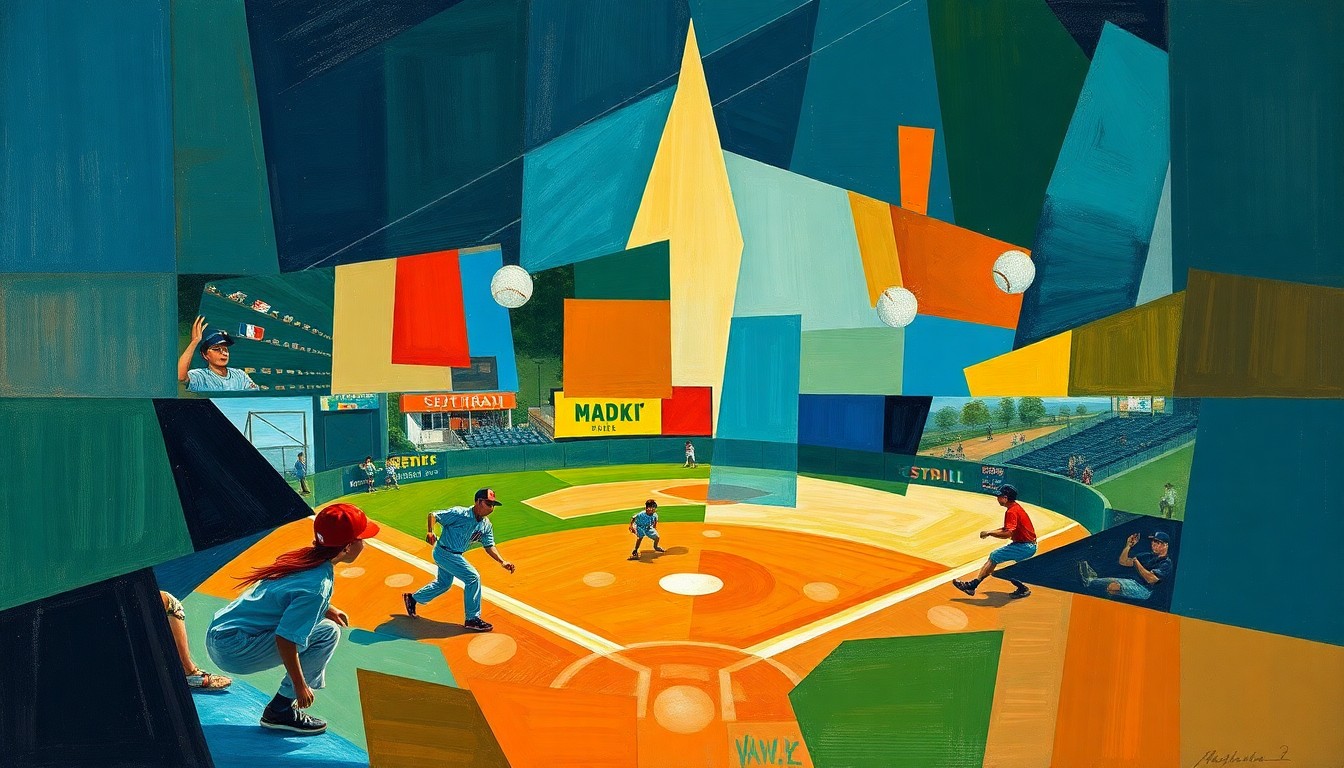 A cubist, geometric painting depicting a youth baseball game, with the players and field broken down into sharp, overlapping planes of color, conceptually representing the sport's rich history and the tournament's role in inspiring young athletes.