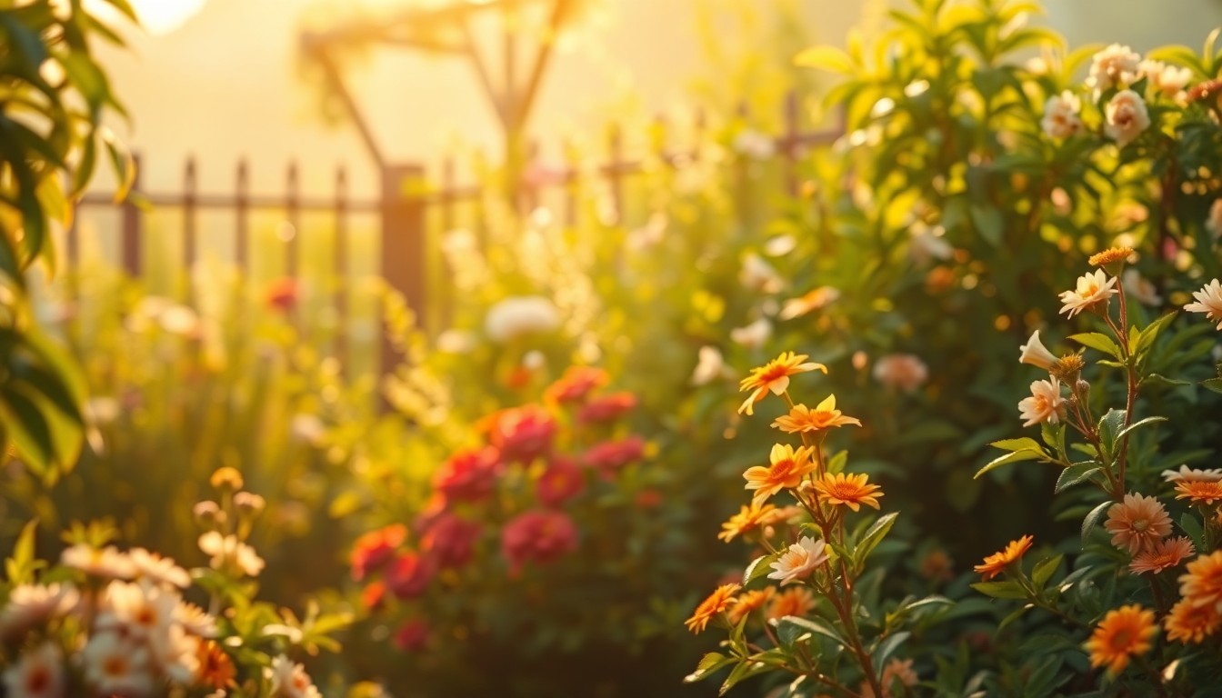 An abstract, out-of-focus photograph featuring a vibrant display of plants and flowers, with hints of garden structures visible in the background, conveying a sense of natural beauty and tranquility.