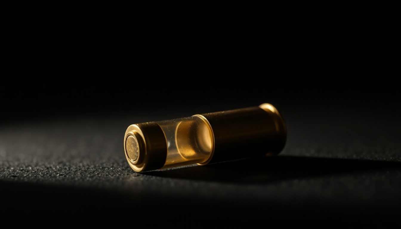An extreme close-up of a single spent shell casing on a dark surface, capturing the stark, gritty aftermath of a violent incident.