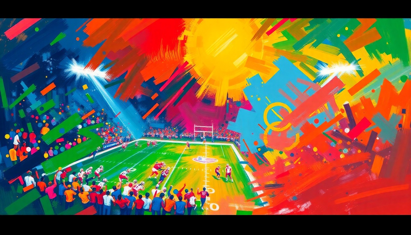 An abstract painting featuring bold, neon-colored brushstrokes that convey the raw energy and intensity of a college football game.
