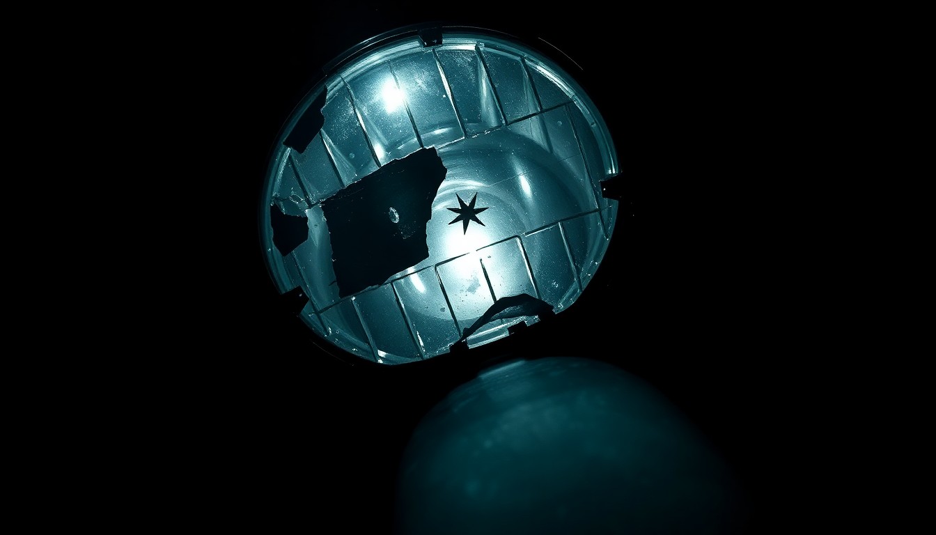 An extreme close-up photograph of a damaged motorcycle reflector or piece of debris from a crash site, capturing the stark, gritty details and conveying the serious, investigative nature of the incident.