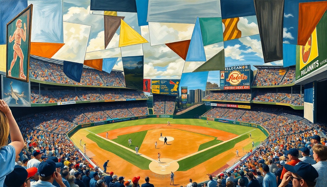 A cubist, geometric painting depicting a baseball game broken down into overlapping angular shapes and planes, capturing the dynamic motion and energy of the sport.
