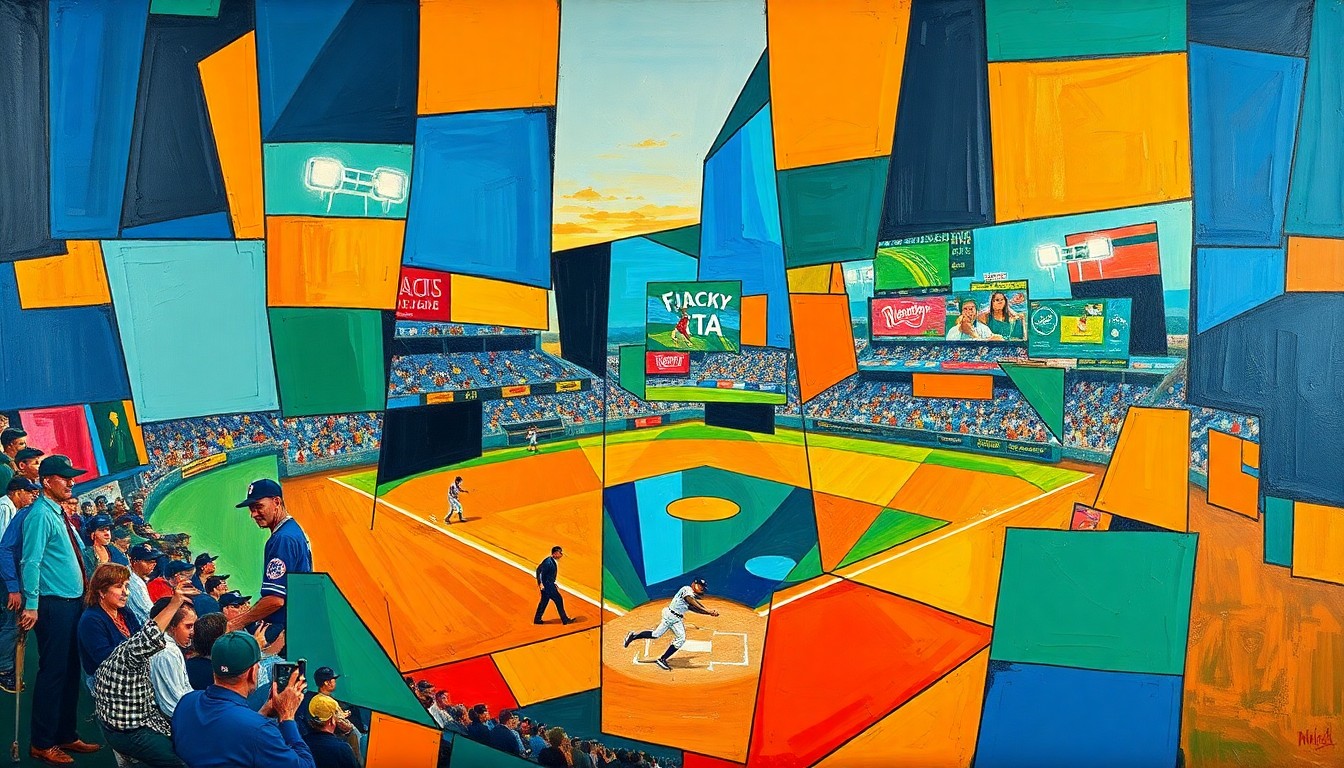 A cubist, geometric painting depicting a baseball player swinging a bat, the ball, and the field of play broken down into sharp, overlapping shapes in a vibrant color palette.