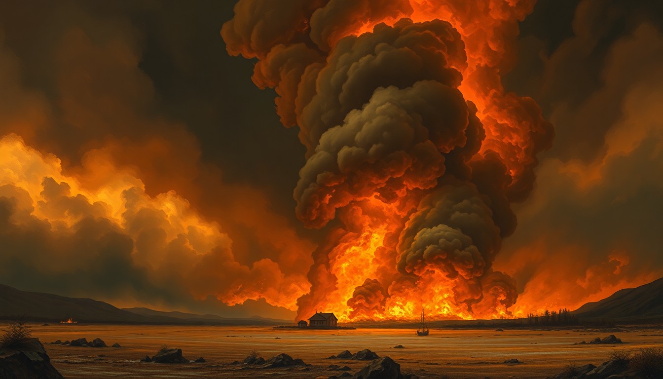 A sweeping, atmospheric landscape painting depicting a small laundromat engulfed in flames, the fire and smoke obscured by the vast, dramatic scale of the natural surroundings.