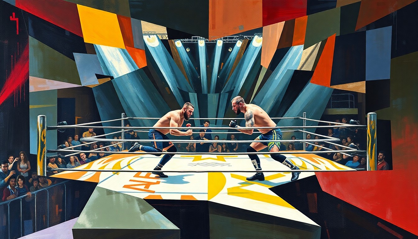 A cubist, geometric illustration depicting the intense action and shifting dynamics of the WrestleMania 42 match between Sami Zayn and Trick Williams, with the wrestlers' forms fractured and overlapping in a dynamic, abstract composition.