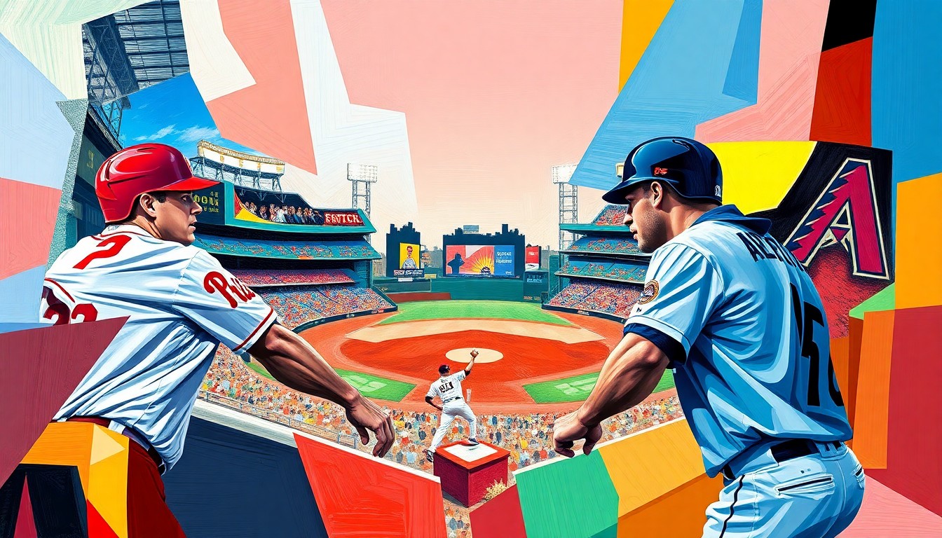 A cubist, geometric painting depicting a baseball game, with sharp, overlapping planes of color representing the players and action on the field.