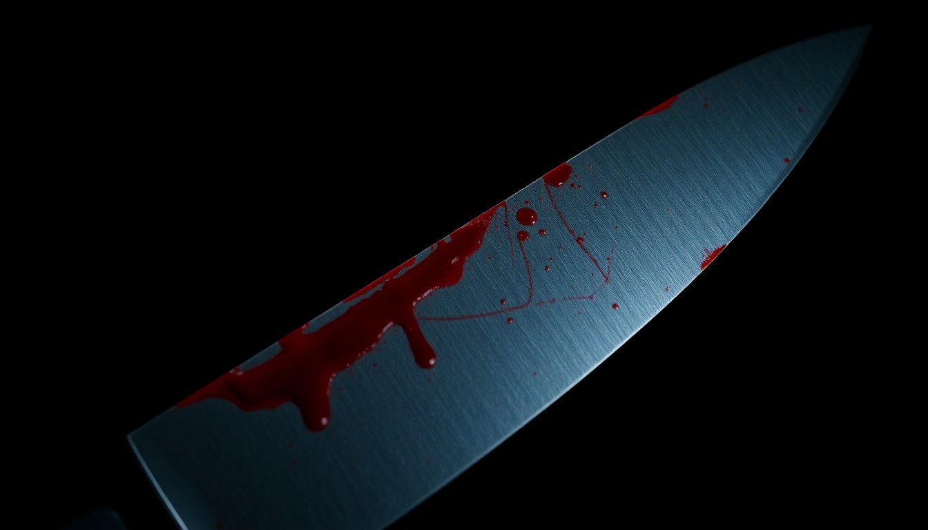 An extreme close-up of a bloodied knife handle, creating a stark, gritty, and investigative visual metaphor for the subway stabbing incident.