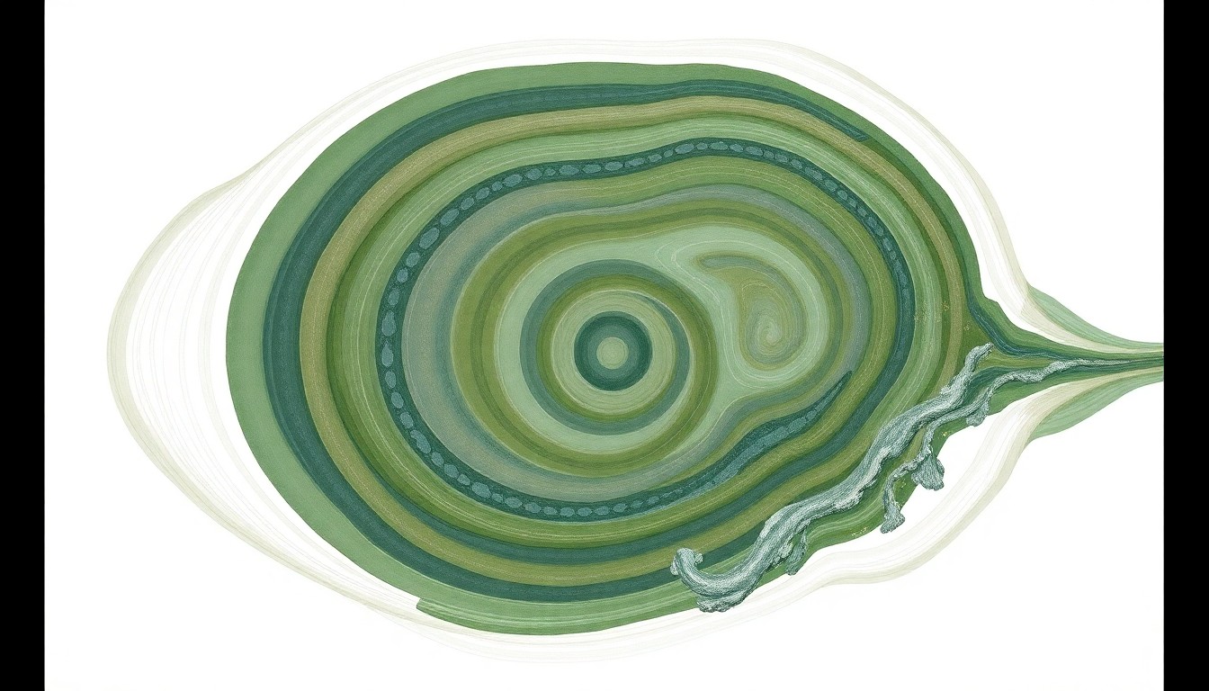 A highly structured abstract painting in soft, earthy tones of green, blue, and grey, featuring sweeping geometric arcs, concentric circles, and precise botanical spirals, conceptually representing the complex ecosystem of a thriving brook trout stream.